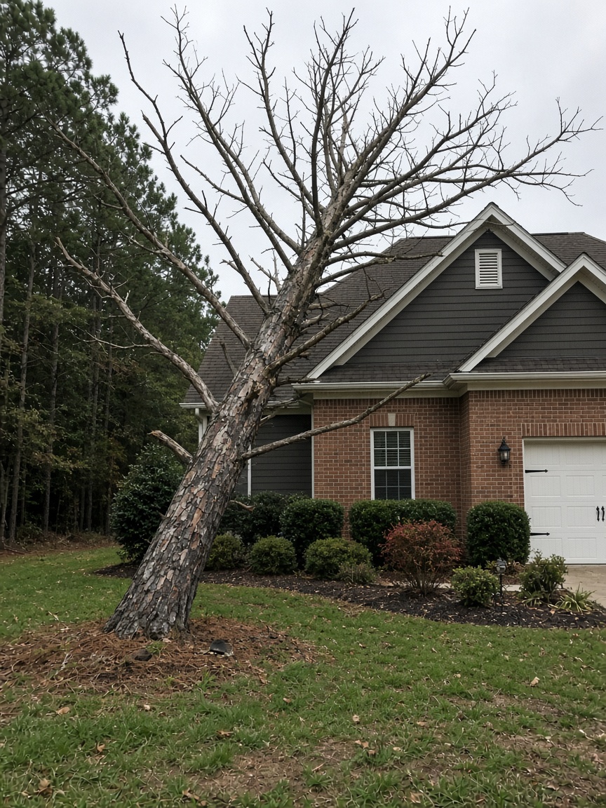 Tree leaning toward a house before removal