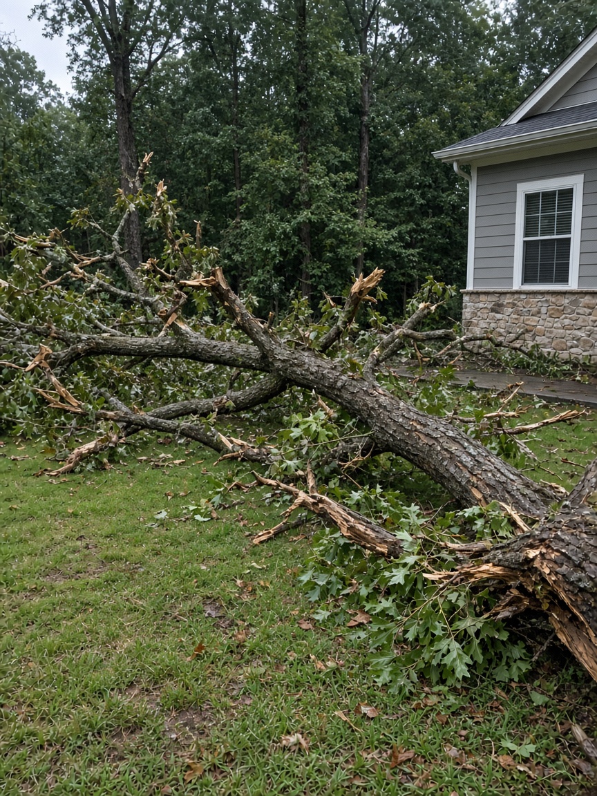 Storm-downed tree across a yard before removal
